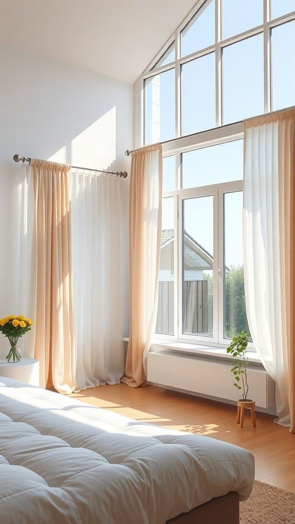 Bright bedroom with large windows and adjustable curtains, featuring a cozy bed and a small plant.
