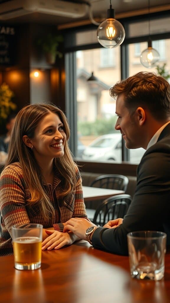 A couple enjoying a conversation in a cozy setting, showcasing active listening skills.
