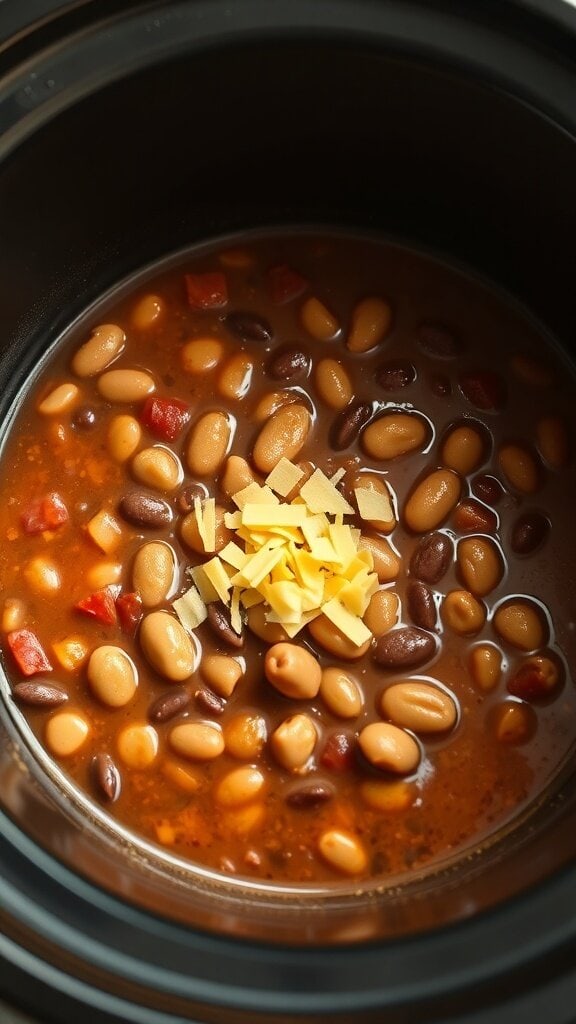 A crockpot filled with mushy bean chili topped with shredded cheese.