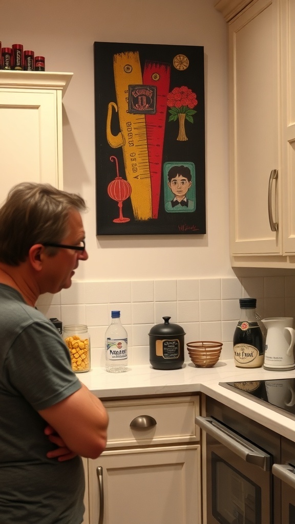 A young man standing next to a wall with unclear text art in a kitchen.