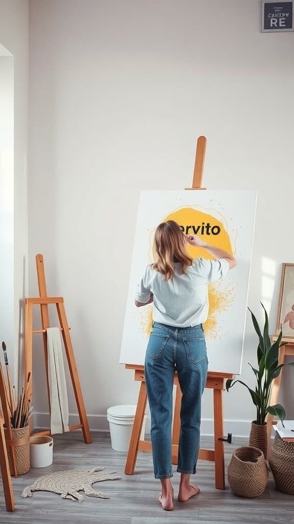A woman painting on a canvas in a bright, cozy space.
