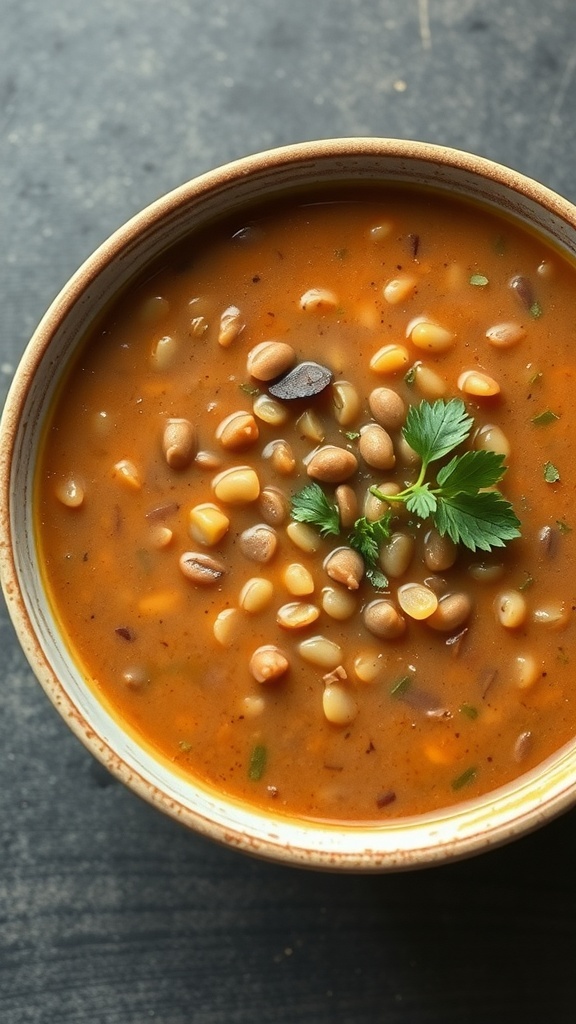 A bowl of lentil soup with a rich broth and lentils on top, garnished with parsley.