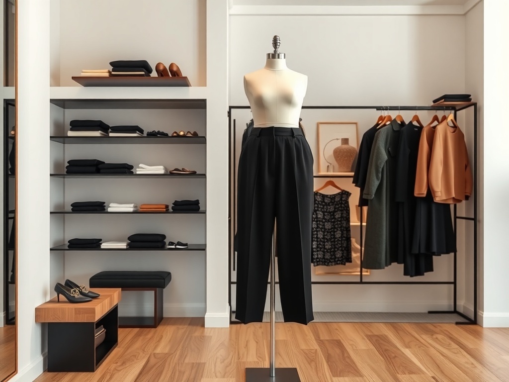 A pair of black trousers on a mannequin in a stylish closet setting.