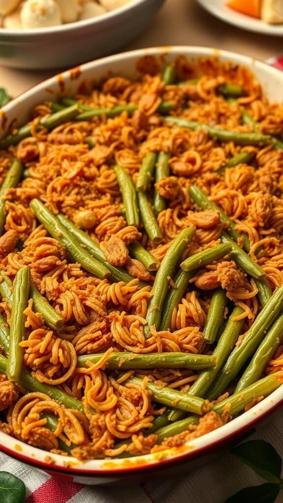 A dish of green bean casserole with crispy fried onions on top, ready for a potluck.
