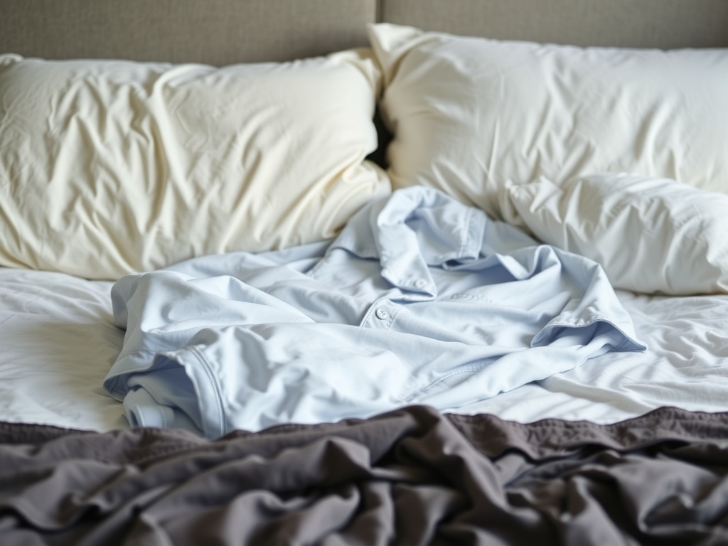 A light blue pajama top laid on a bed with white and gray bedding.