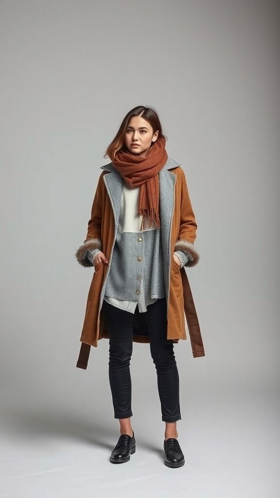 A woman over 50 dressed in an old money style outfit featuring a brown coat, blue shirt, black pants, and an orange scarf.
