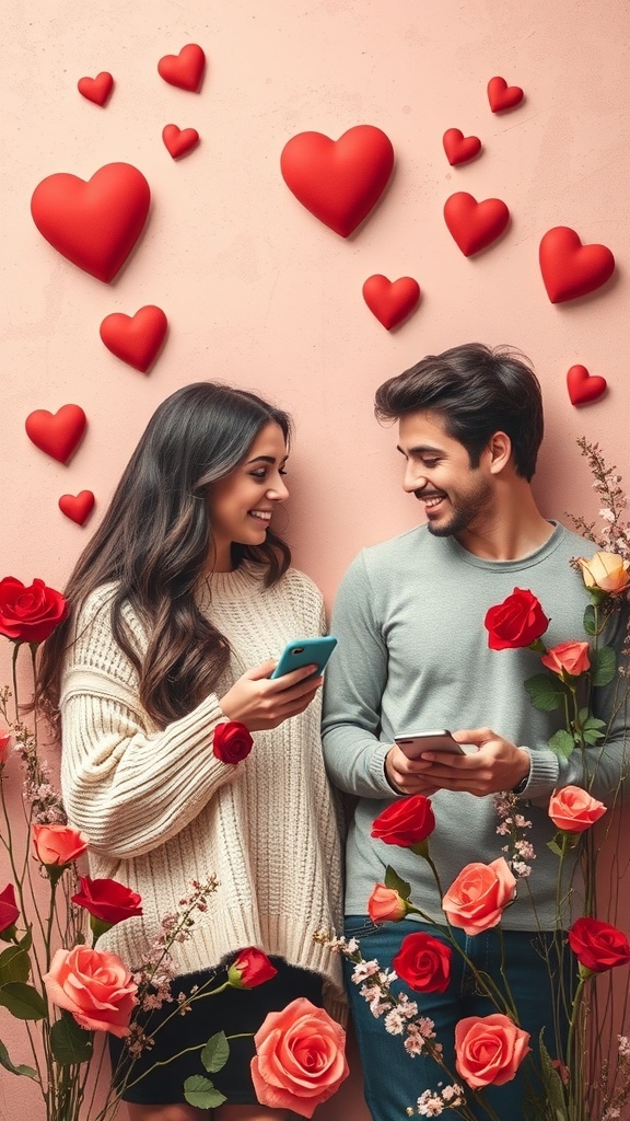 A couple smiling at their phones, surrounded by hearts and roses, symbolizing love and communication.