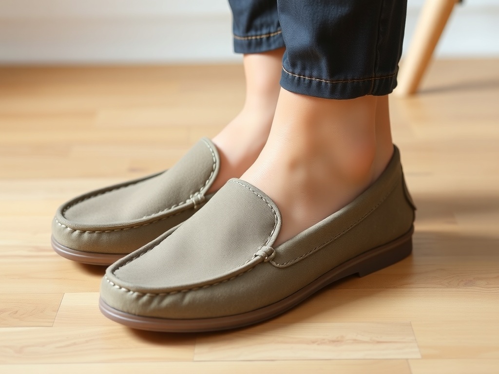 A pair of comfortable slip-on shoes on a welcome mat