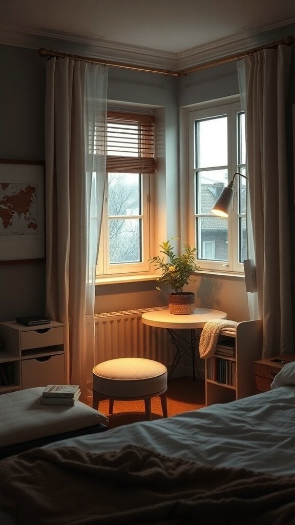 A cozy reading nook in a bedroom with soft lighting, featuring a small table, a stool, and a potted plant by the window.