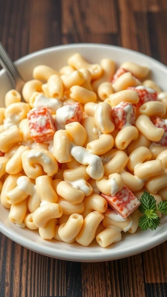 A bowl of macaroni salad with a creamy mayonnaise dressing, garnished with parsley.