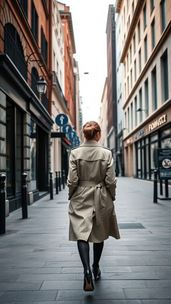 A woman in a beige trench coat walking down a city street.