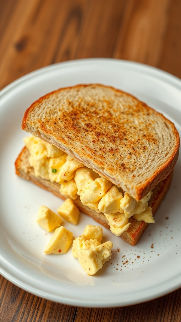 A simple egg salad sandwich on toasted bread with some egg pieces on the plate.