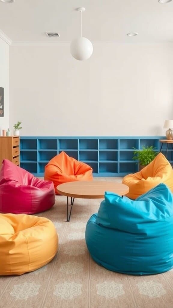 A cozy room featuring colorful bean bag chairs in orange, pink, yellow, and blue around a round table.