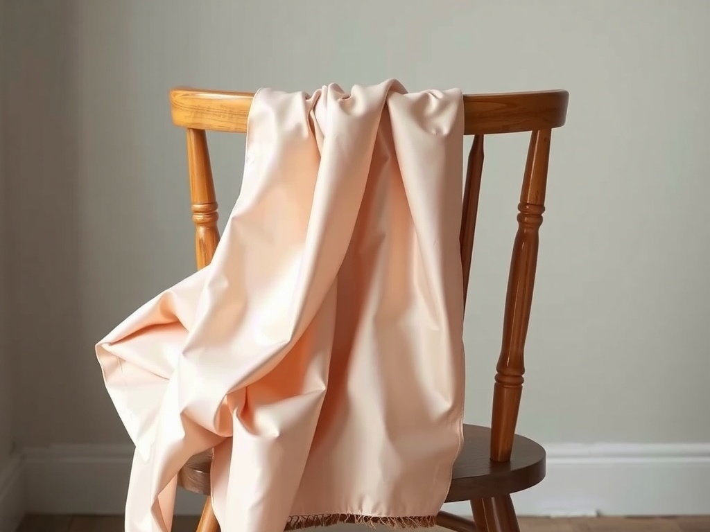 A soft silk scarf draped over a wooden chair, showcasing its elegant texture.
