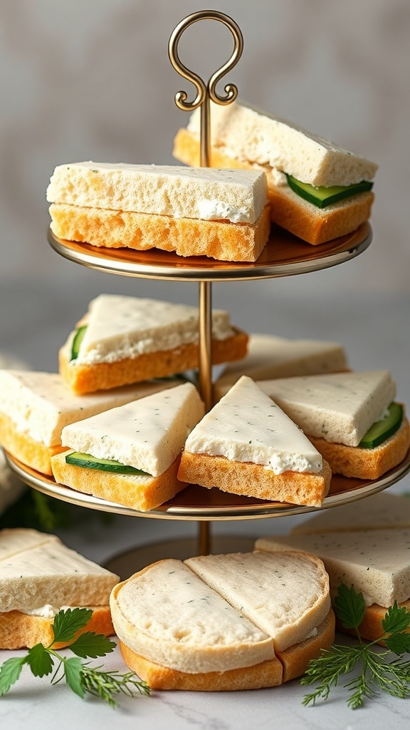 A tiered stand displaying cucumber sandwiches with dill cream cheese, showcasing different shapes and layers.