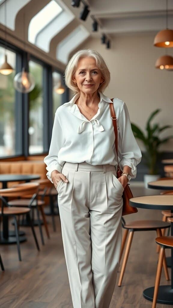 A woman over 50 wearing high-waisted trousers and a blouse, standing confidently in a modern café.