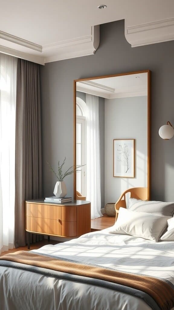 A cozy bedroom featuring a large mirror, warm wooden furniture, and soft natural light.