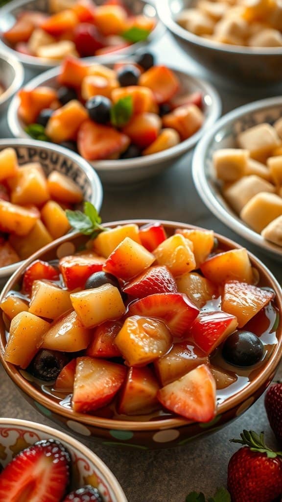 A colorful bowl of overly sweet fruit salad with strawberries, peaches, and blueberries.