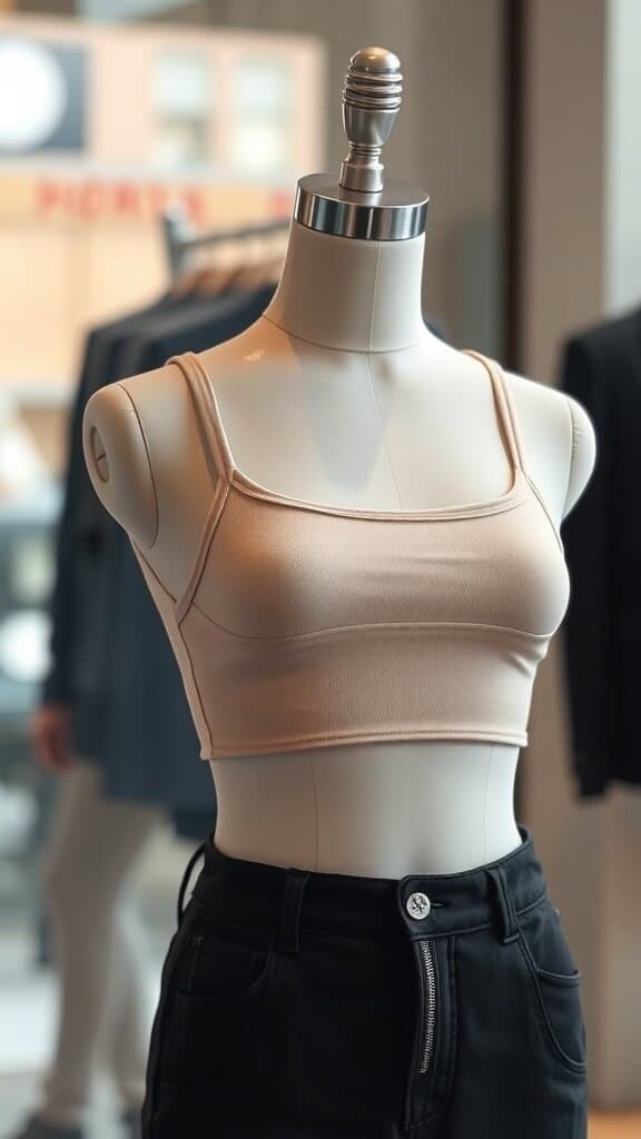A mannequin displaying a trendy crop top and black pants in a store.