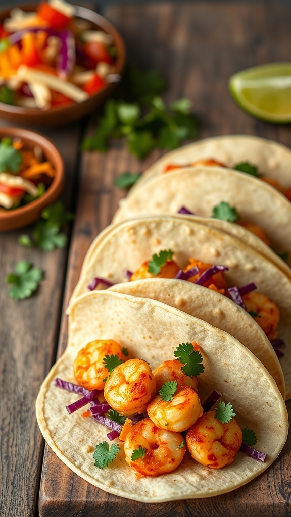 A plate of spicy shrimp tacos with slaw, garnished with cilantro and lime wedges.