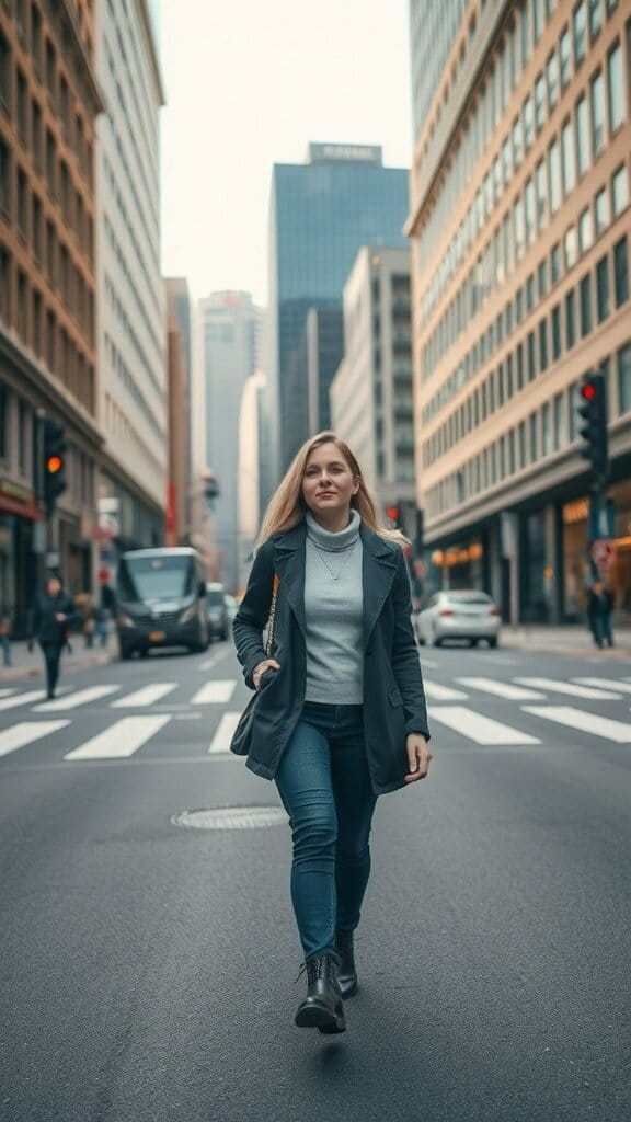 A confident woman walking in a city street, symbolizing independence and self-sufficiency.