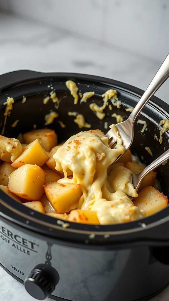 A slow cooker filled with potatoes au gratin, showing creamy cheese sauce and soft potatoes.