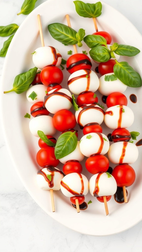 Caprese skewers with cherry tomatoes, mozzarella balls, and basil drizzled with balsamic glaze on a white platter.