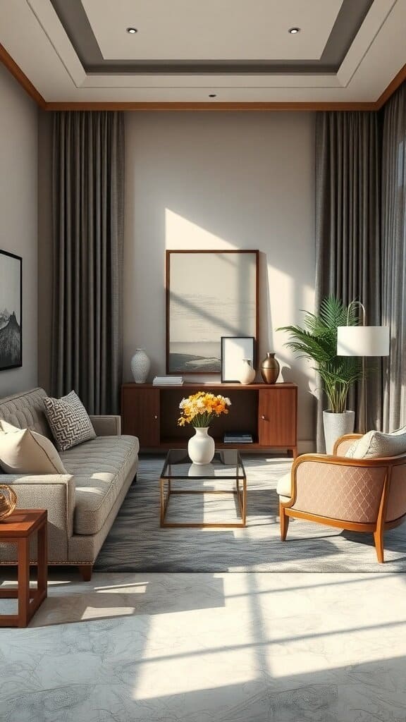 A cozy living room featuring a soft sofa, elegant armchair, coffee table, and decorative elements.