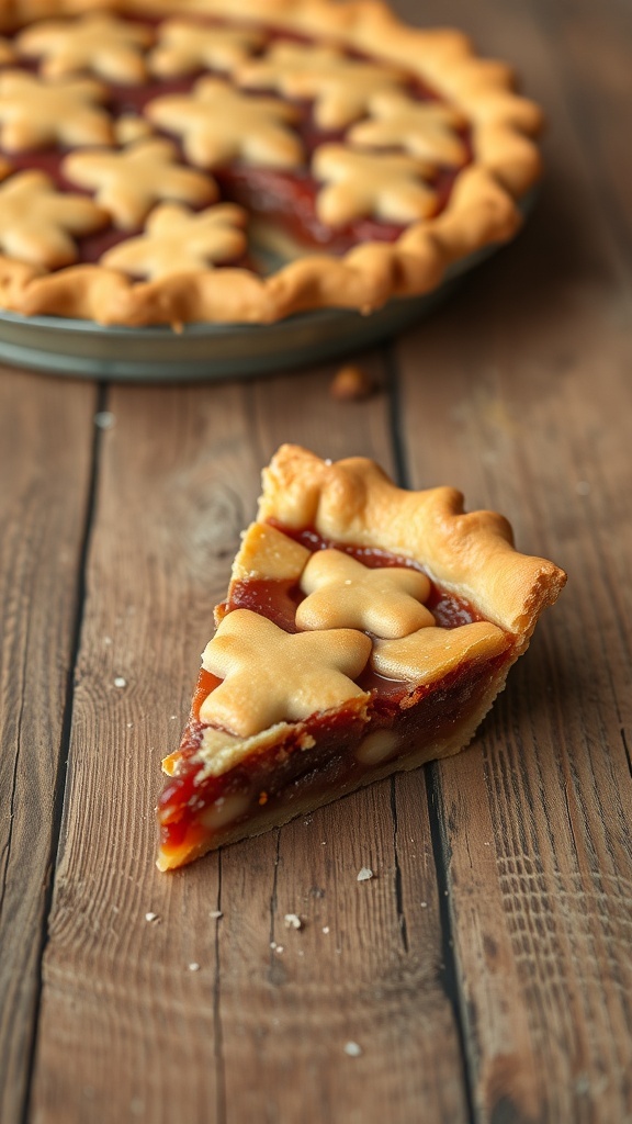 A slice of mincemeat pie with a young boy looking confused in the background.