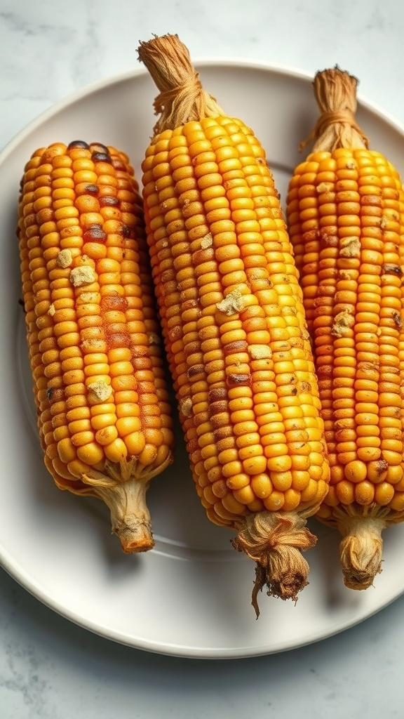 Three ears of dried out corn on the cob on a plate.