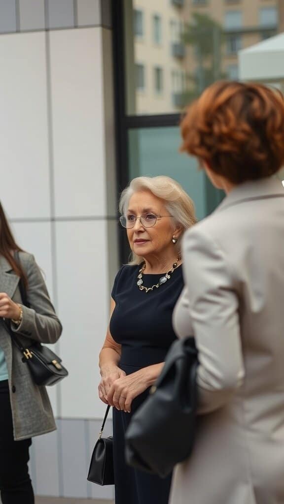 Two women conversing, one in a navy dress and the other in a light-colored blazer, showcasing stylish outfits.