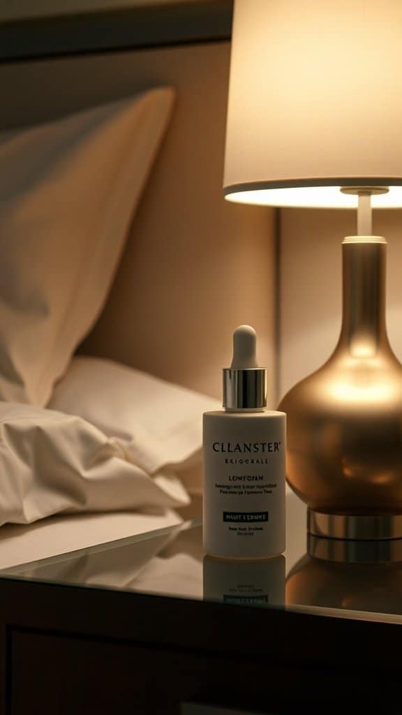 A bottle of moisturizer on a bedside table next to a lamp and pillows.