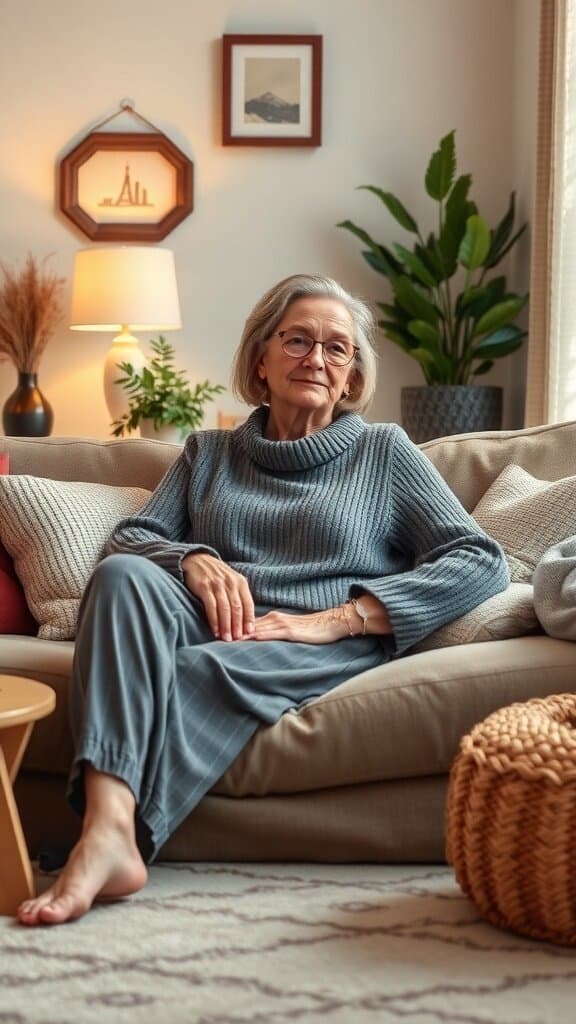 A woman over 50 in a cozy sweater and pants, sitting on a couch in a warm living room.