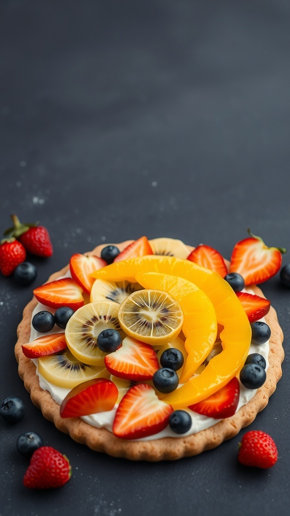 A colorful rainbow fruit pizza topped with strawberries, blueberries, kiwi, and mandarin oranges on a cookie crust.