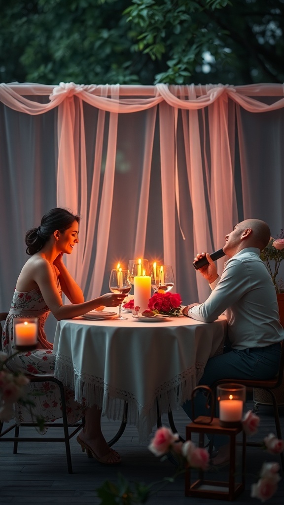 A couple enjoying a romantic dinner with candles and soft lighting.