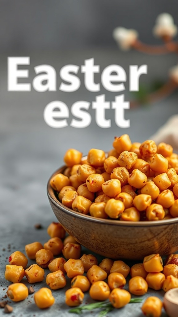 A bowl of crispy chickpeas seasoned with spices, perfect for Easter brunch.