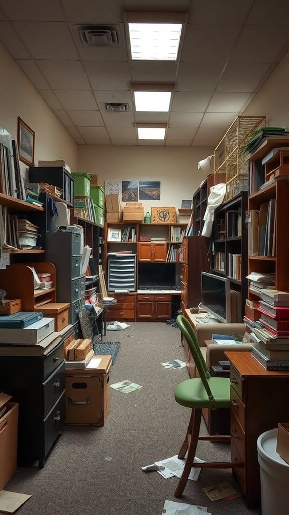 A cluttered room filled with various furniture pieces and disorganized items.