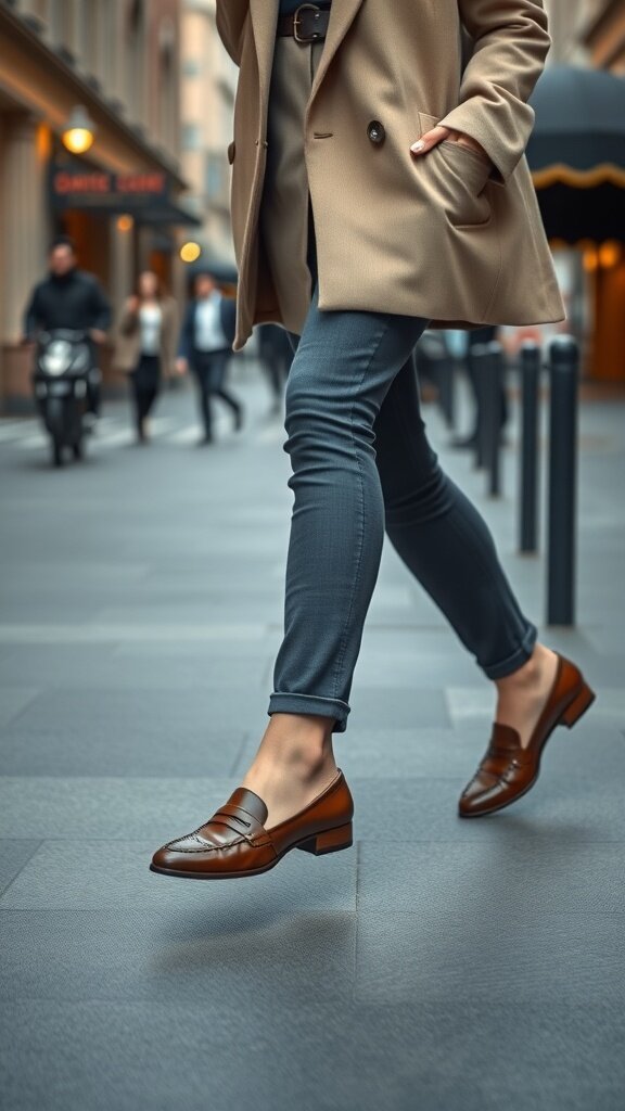 A woman walking in brown loafers, wearing tailored pants and a coat, showcasing classic old money style.