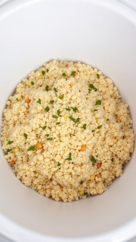 A bowl of unseasoned quinoa with some herbs and vegetables mixed in.