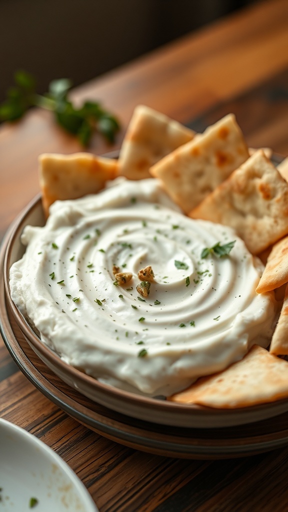 A bowl of unseasoned yogurt dip surrounded by pita chips, garnished with herbs.