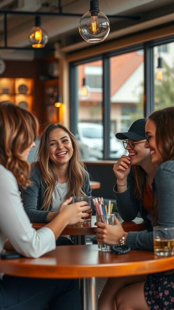 A group of friends laughing and enjoying drinks at a cafe, showcasing the joy of conversation.