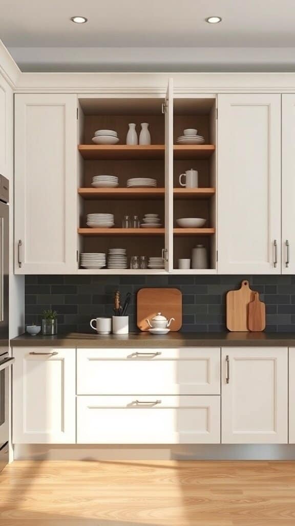 A modern kitchen with pull-out cabinets showcasing neatly arranged dishes and kitchenware.