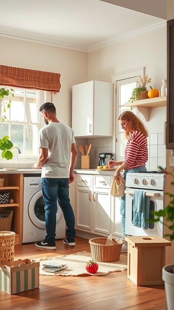 A man and woman sharing responsibilities in a kitchen, with the man at the washing machine and the woman preparing food.