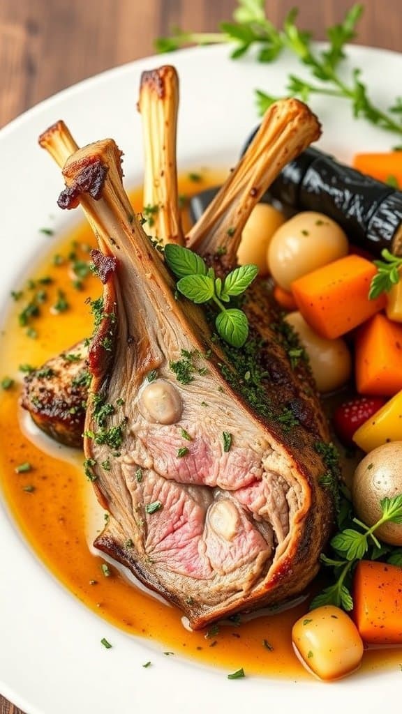 A beautifully plated herb-crusted rack of lamb with colorful vegetables.