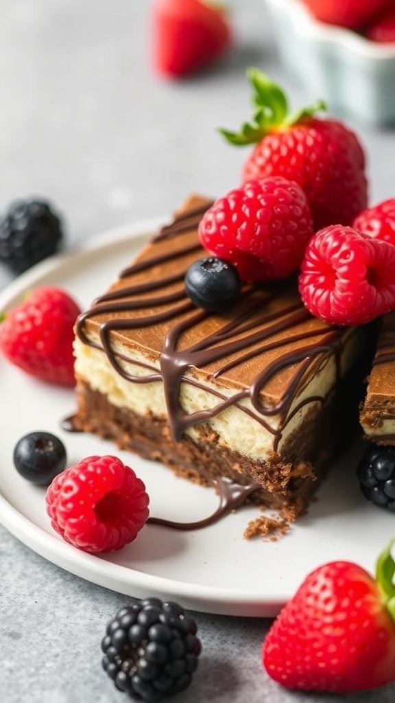 No bake cheesecake brownies topped with chocolate drizzle and fresh berries