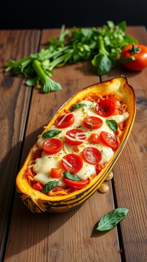 Spaghetti squash pizza boats filled with cheese, tomatoes, and basil on a wooden table.