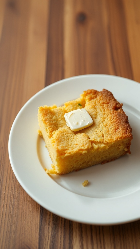 A piece of dry cornbread with a pat of butter on a white plate.