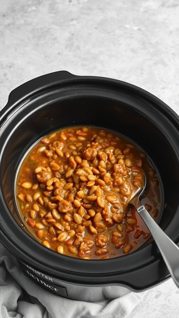 A bowl of mushy lentil stew in a slow cooker, showcasing a thick mixture of lentils and vegetables.