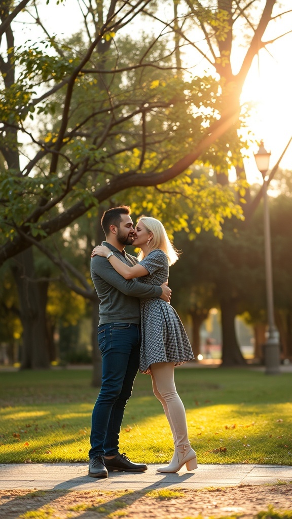 A couple embracing in a park during sunset, showcasing love and affection.