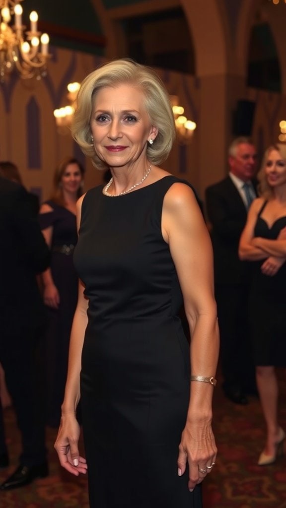 A woman in a black dress at a formal event, showcasing elegance and confidence.